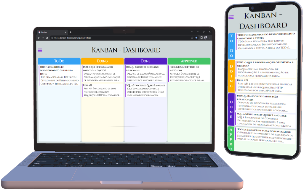 Dispositivos com screenshot do Kanban